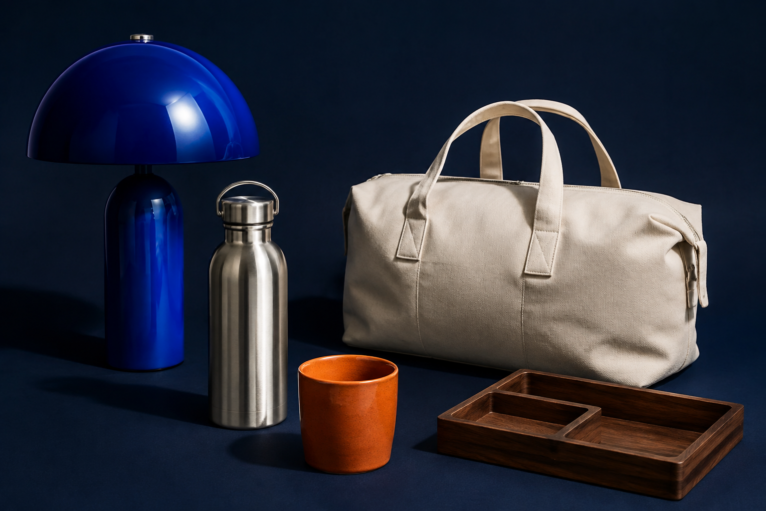 A cobalt lamp, canvas weekender, steel bottle, ceramic cup, and walnut tray